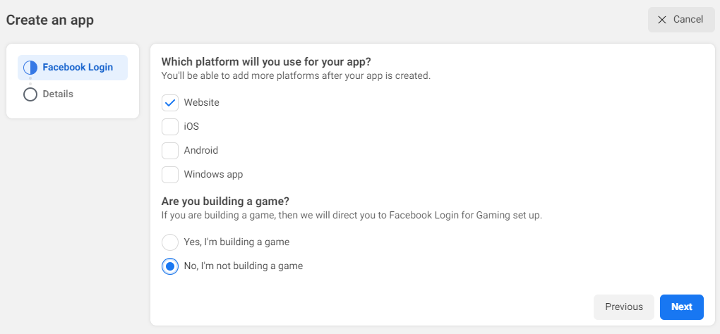 facebook application type - select website