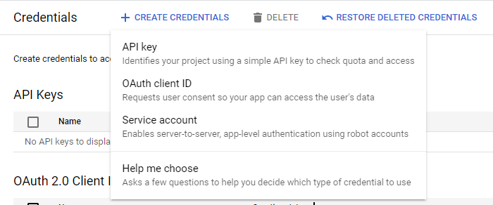 Google create credentials